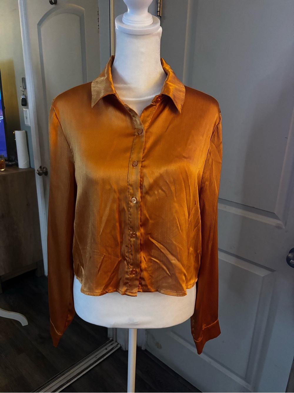 Ro & De Satin Burnt Orange Button-Down Blouse